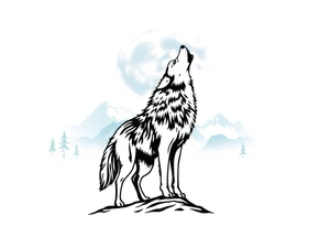 lone wolf howling at full moon with northern lights backdrop tattoo idea