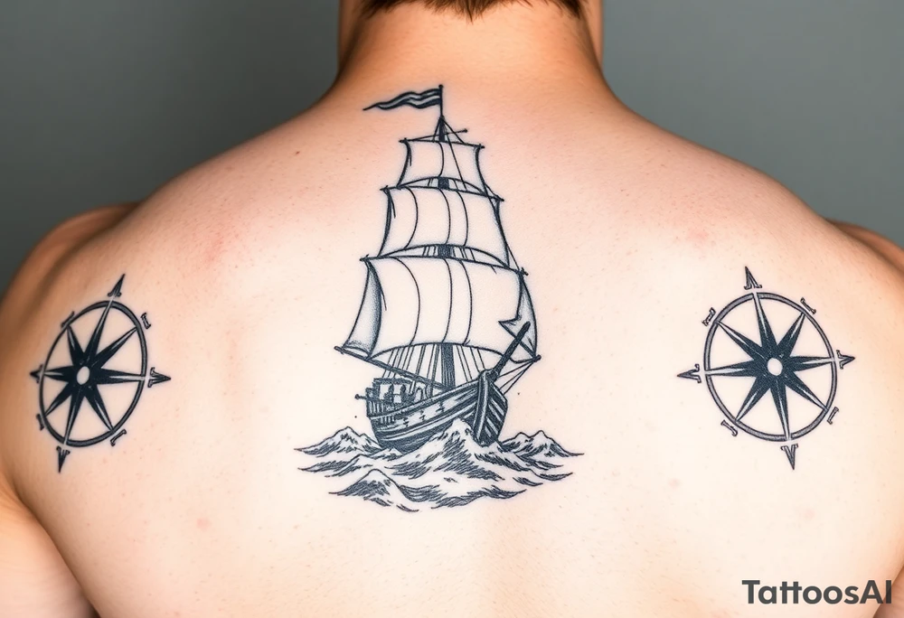a sailing ship in stormy sea,compass. tattoo idea