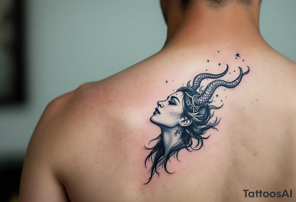 A Virgo maiden inked in sky blue gazes upward at her constellation, drawn in white above her head. tattoo idea