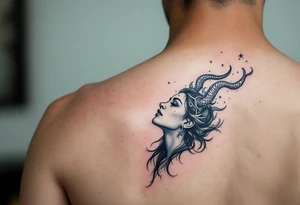 A Virgo maiden inked in sky blue gazes upward at her constellation, drawn in white above her head. tattoo idea