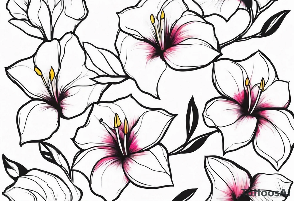 white background, abstract mandevilla flowers on a vine, part of it watercolor, part of it just line work tattoo idea