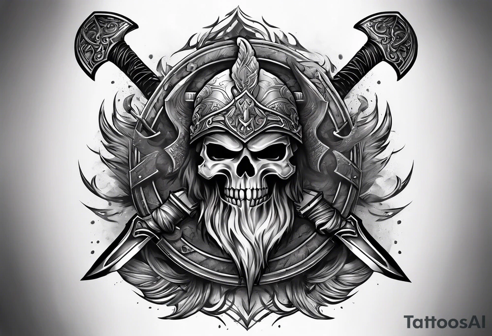 Valhalla sword shield axe mist fog tattoo idea