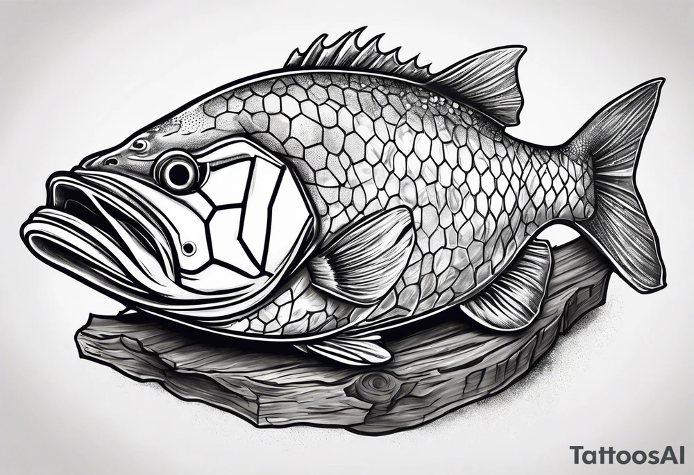 Mulloway eating a soccer ball on a log tattoo idea