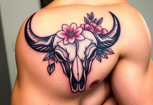 Buffalo or bison skull with flowers. Snow drop and peony. Colour. For upper arm or shoulder. Masculin. tattoo idea