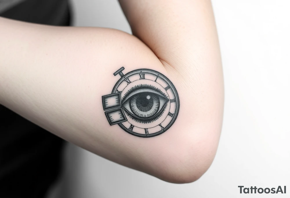 A surreal clock with an eye in place of the dial, eyelids opening like doors, intricate detail, realistic shading, black and gray. tattoo idea