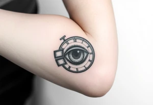 A surreal clock with an eye in place of the dial, eyelids opening like doors, intricate detail, realistic shading, black and gray. tattoo idea