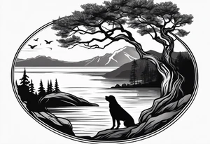 Sleeve tattoo windswept tree before lake with low rock face on another side of lake. Mastiff dog silhouette in foreground. tattoo idea