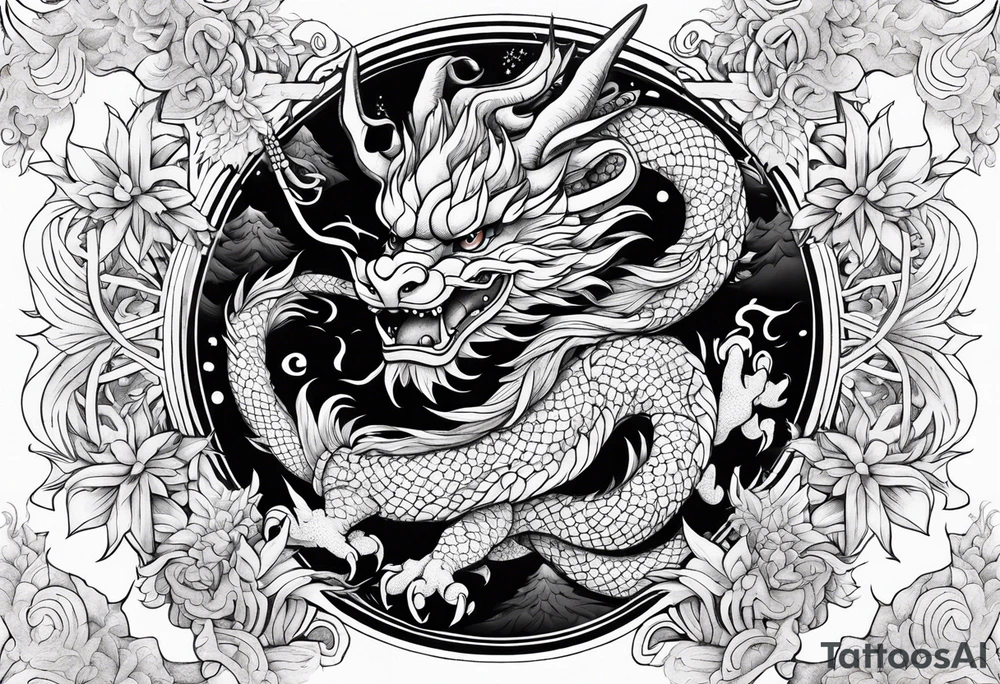 japanese dragon, celestial, cross, snowflake tattoo idea