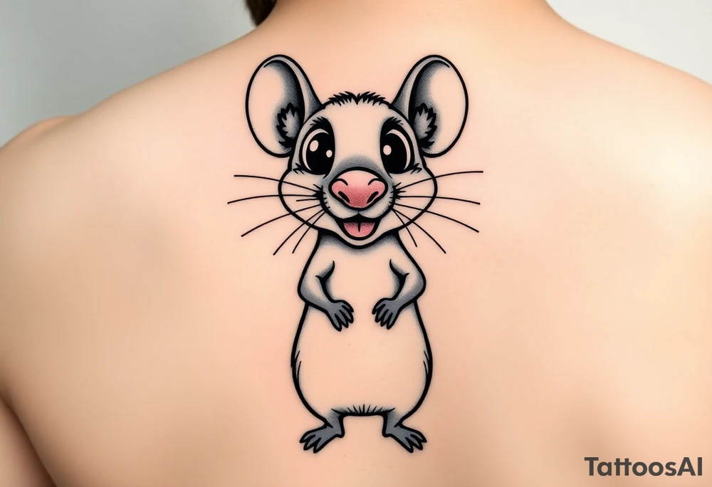 so--try it from the profile...a big head, big eyes, outside the head, big nose


Original tattoo-style illustration:

A rat standing upright

Very large, bulging eyes popping out

A cheeky / mischievous smile

Cartoon style, not baby-like

One black-and-white version + one color version

4 images in total (so you can choose the best one) 
 + this link tattoo idea