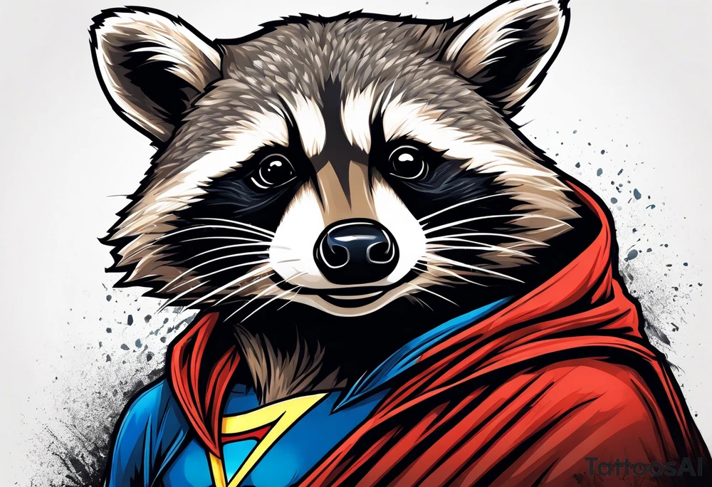 raccoon wearing a Superman hoodie tattoo idea