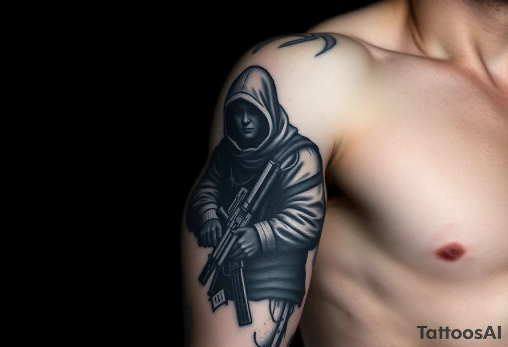 Minimalist covert operative symbolism representing loyalty and survival, faceless soldier silhouette emerging from darkness, torn fabric, subtle scars, controlled posture, black and grey realism, emotional restraint, understated strength, tattoo sleeve element. tattoo idea