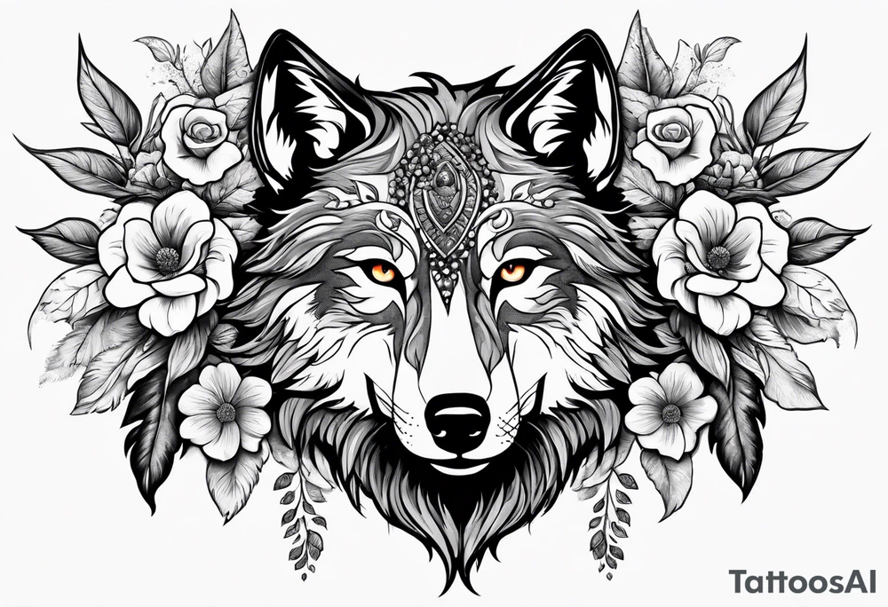 Wolf head half skull half real with flowers around tattoo idea