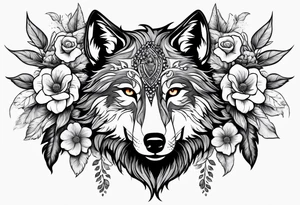 Wolf head half skull half real with flowers around tattoo idea