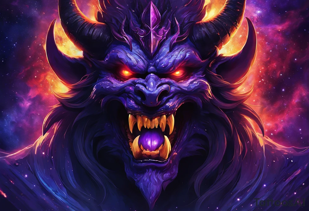 Dominant demonic figure, formidable face with royal king features, has a evil grin and a bit of open mouth with glimpse of devil fang teeth, similar to skull features, framed by deep-set glowing galaxy eyes, head has prominent purple deep blue flames (No horns). colour scheme is recognizable swirling galaxy-shaped textures with fiery peacock blue green turquoise colour highlights. orange highlights. 
Head will have visible prominent braids in koru maori style with 3-5 hawk feather ends. 

it will frontal totem figure and will sit on top of huge torii gate (Japanese) tattoo idea