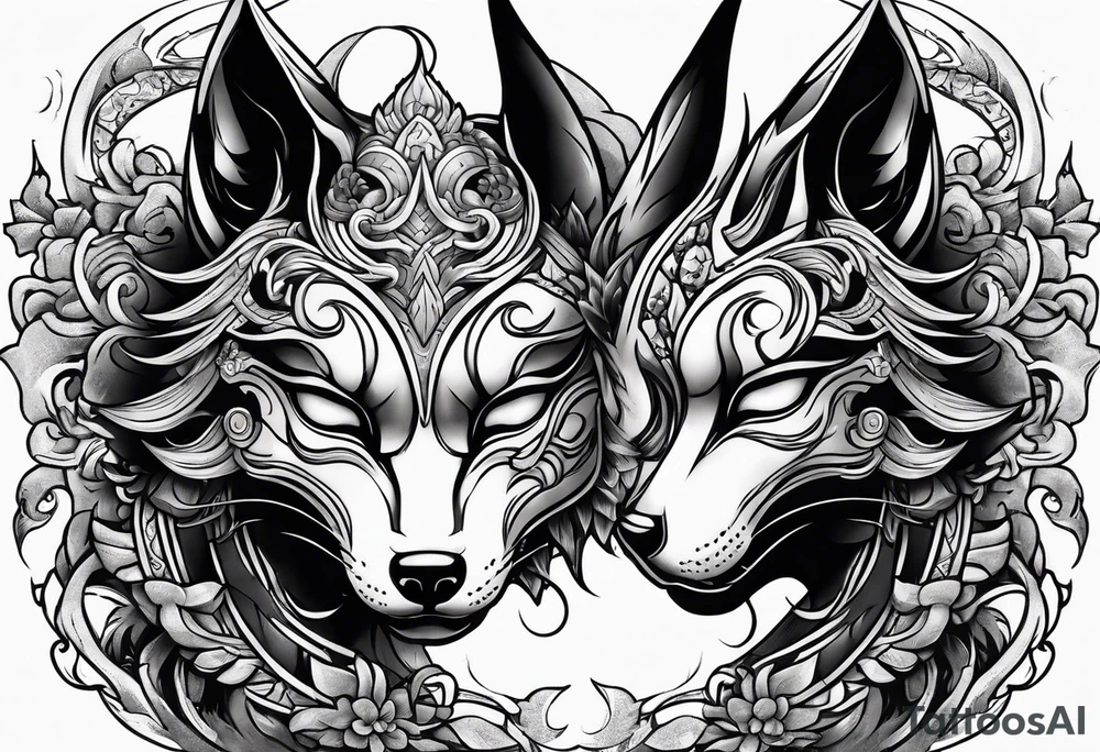 Split kitsune and oni mask head tattoo idea