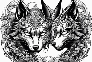 Split kitsune and oni mask head tattoo idea