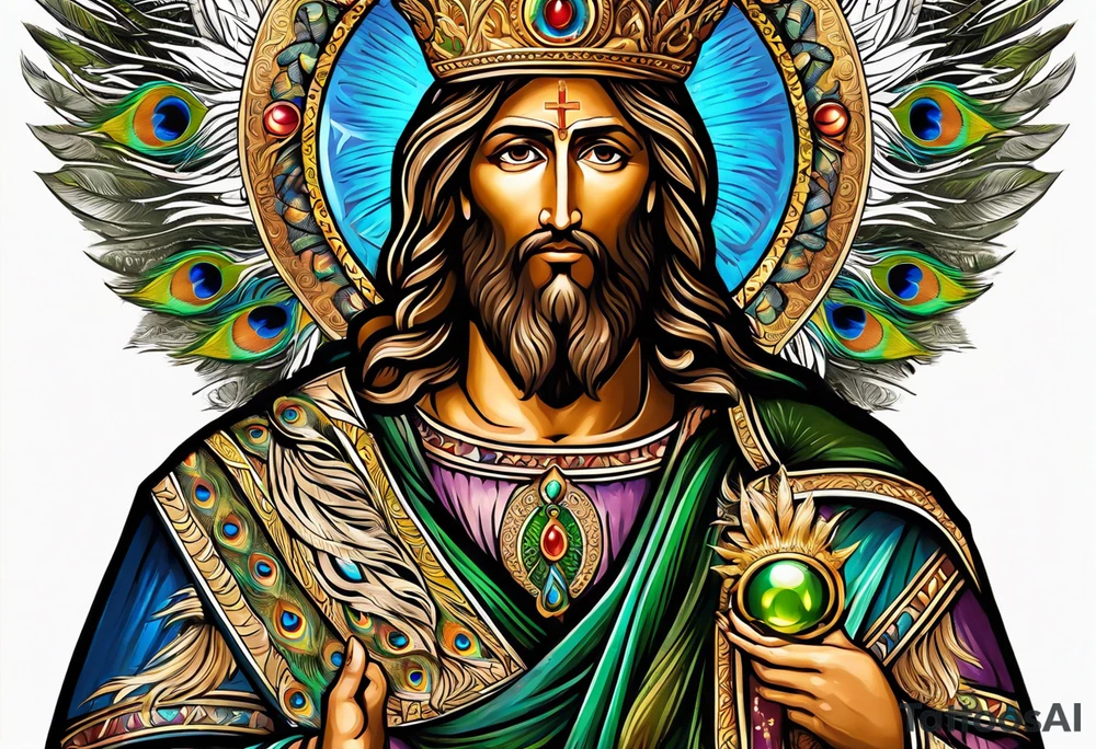 flat stern byzantine Christ with all-demanding eyes with a halo made of peacock feathers tattoo idea