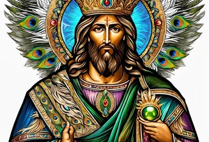 flat stern byzantine Christ with all-demanding eyes with a halo made of peacock feathers tattoo idea