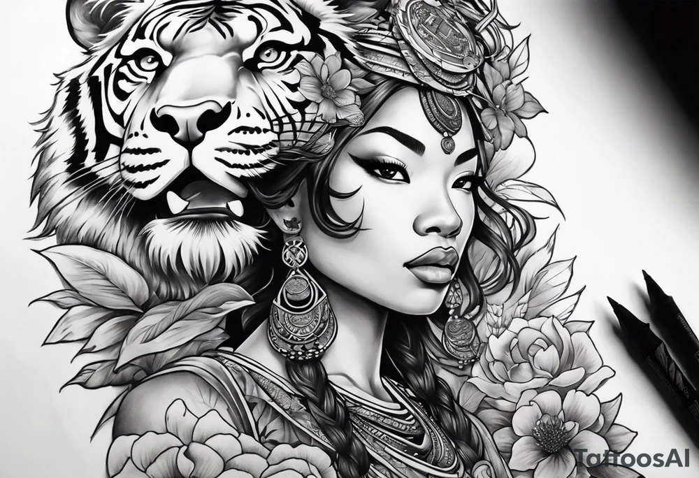 African goddess Japanese traditional style full sleeve with tiger tattoo tattoo idea