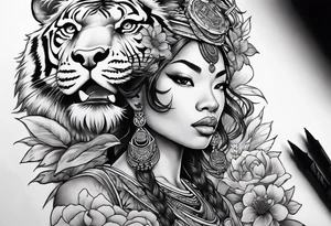 African goddess Japanese traditional style full sleeve with tiger tattoo tattoo idea