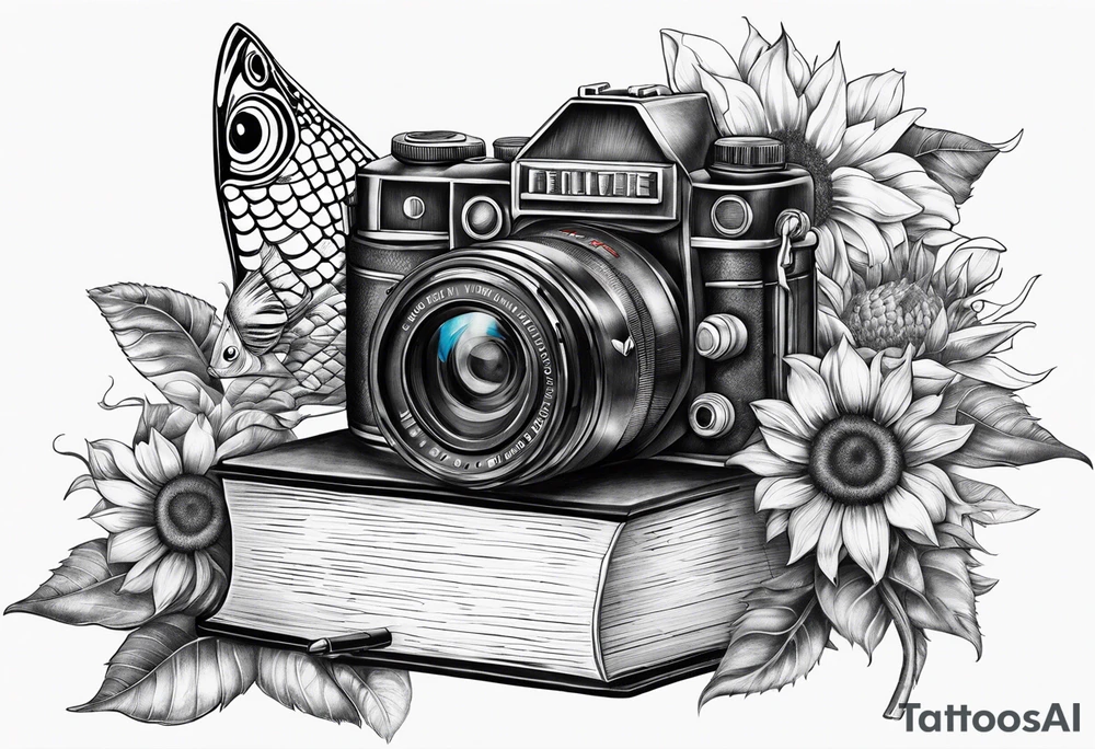 sunflower, book, camera, fish tattoo idea