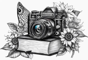 sunflower, book, camera, fish tattoo idea
