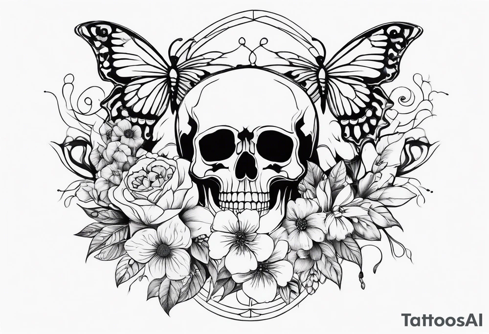 Sexy Skelton  sleeve with butterflies and flowers tattoo idea