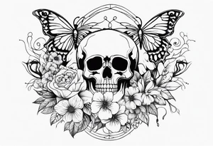 Sexy Skelton  sleeve with butterflies and flowers tattoo idea