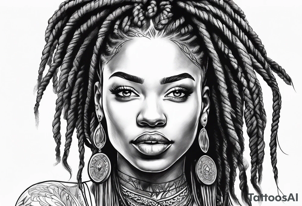 Draw a women head with real dread locks flying in the air, tattoo idea