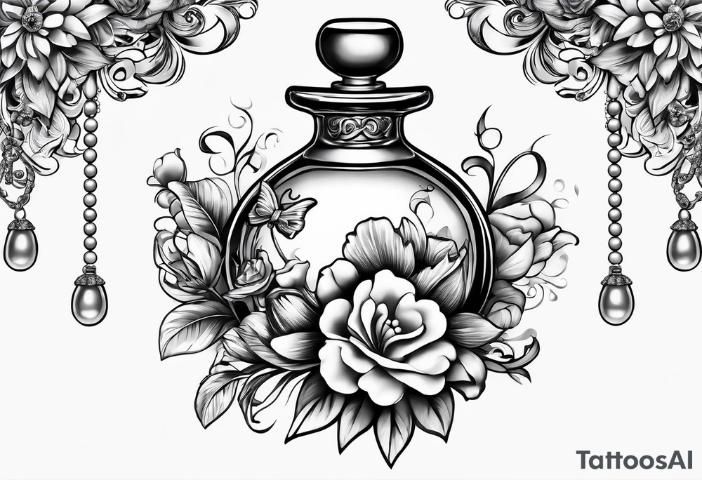 Pearl necklace wrapped around 1950s perfume bottle with flowers and bows surrounding tattoo idea