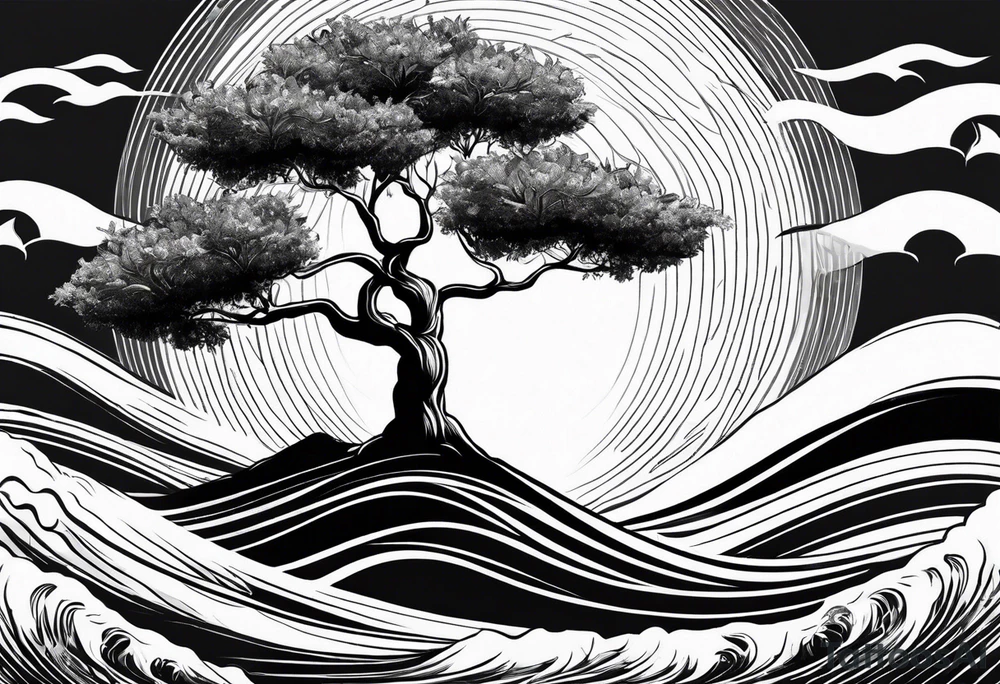 Olive tree into waves, ocean, sun for wrist tattoo idea