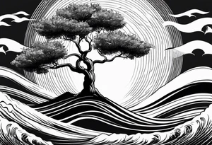 Olive tree into waves, ocean, sun for wrist tattoo idea