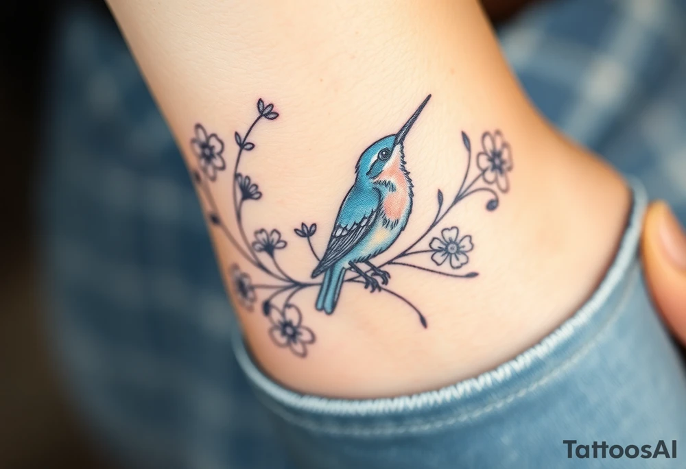 powerful majestic bluebird surrounded by wild flowers tattoo idea