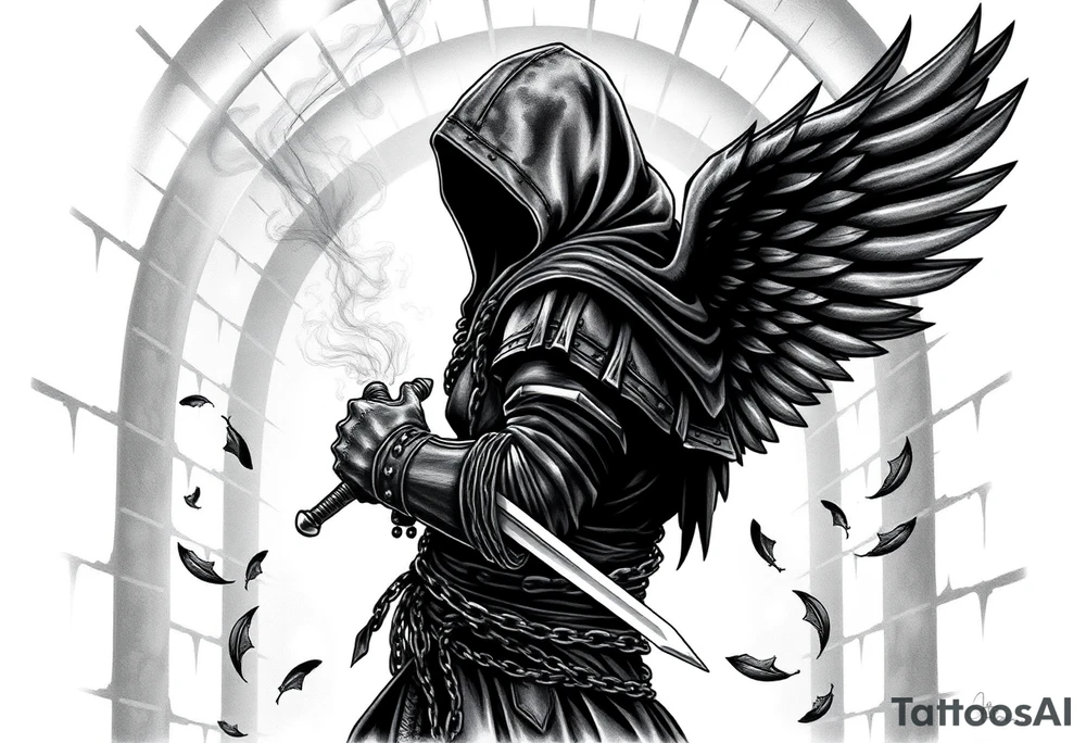 A hooded warrior-angel with obsidian armor wrapped in chains, wielding a glowing sword against a backdrop of ancient stone archways filled with swirling smoke. Burning feathers fall around the figure while ethereal light filters through the arch. tattoo idea