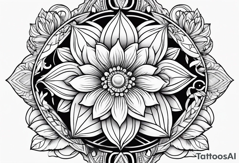 flower with geometric background with leaves tattoo idea