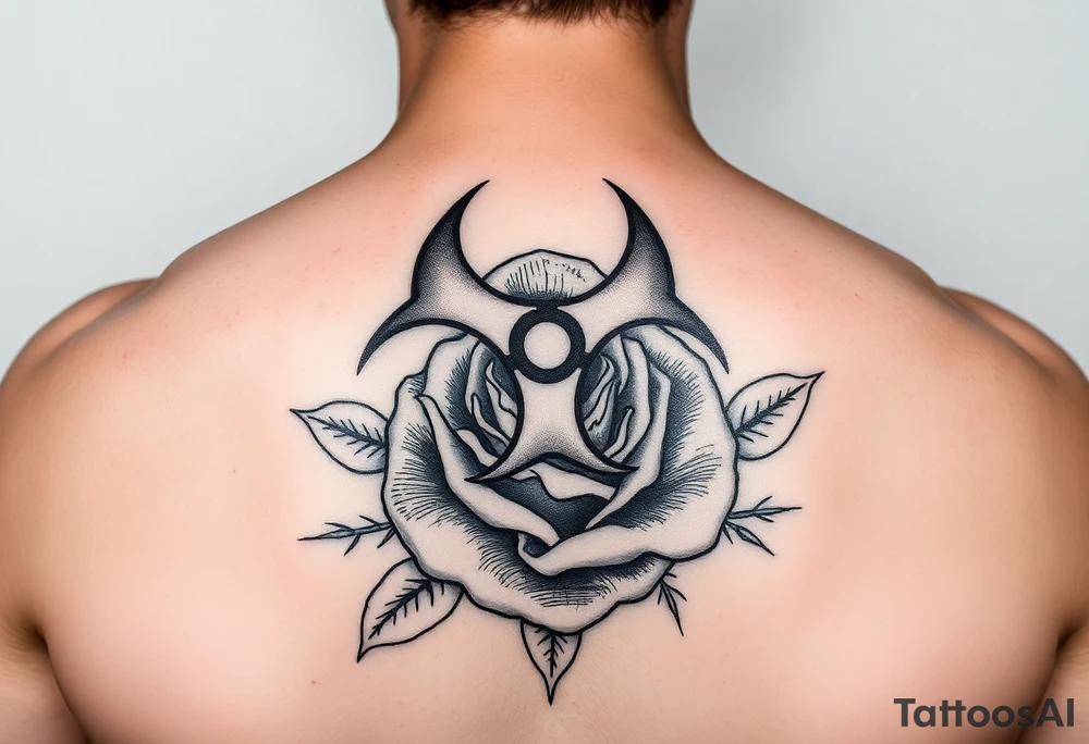 biohazard symbol on top of the old school style rose . tattoo idea
