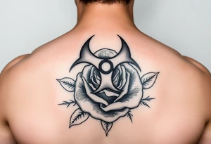 biohazard symbol on top of the old school style rose . tattoo idea