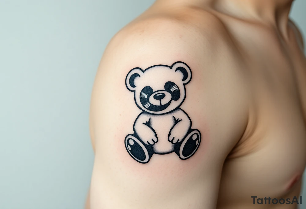 minimalist teddy bear with vinyl records as eyes smiling and sitting on a record yer tattoo idea