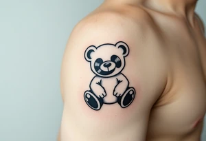 minimalist teddy bear with vinyl records as eyes smiling and sitting on a record yer tattoo idea