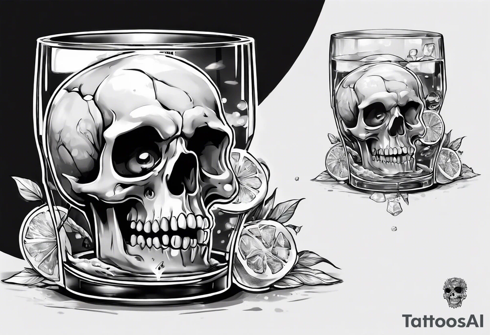 A happy, looking to the left scull, inside the glass with ice and piece of lime tattoo idea