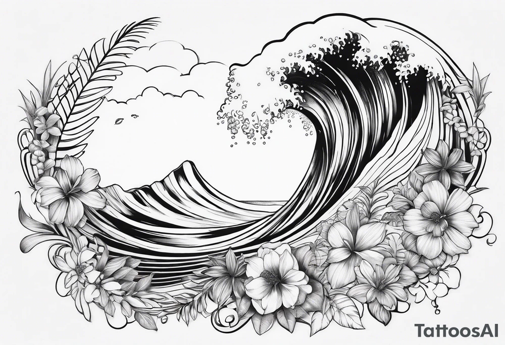 wave,, flower, palm, sea animal tattoo idea
