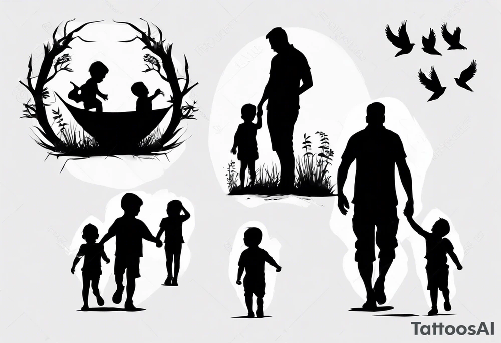 Silhouette of a father with two children tattoo idea