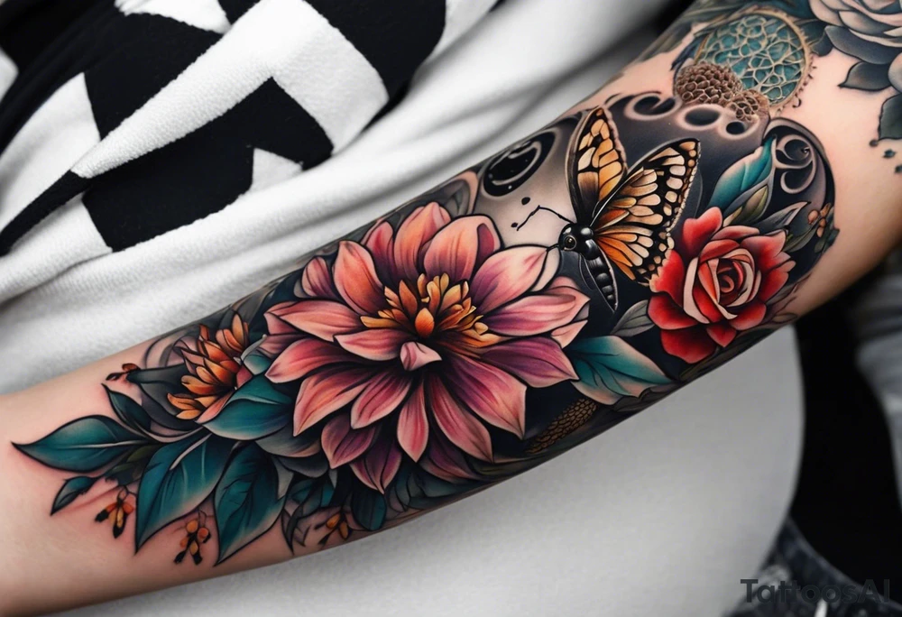 A lower forearm sleeve full colour coming down from a bicep with flowers joined with lighthouse, honeycombs, mandala flowers, and owl, bees, pinecone, lady bugs. Moon tattoo idea