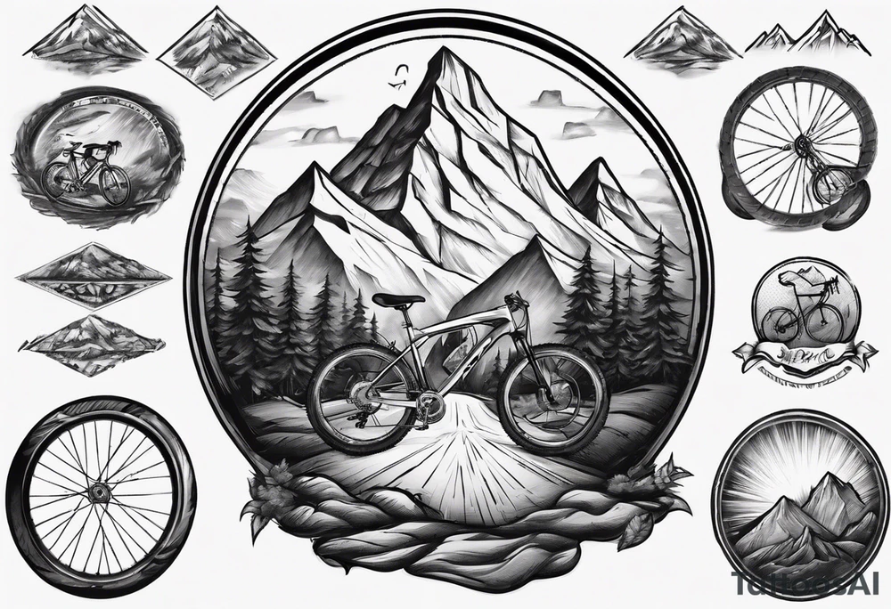 road cycle front wheel drawn as a gym plate with a mountain in the middle tattoo idea