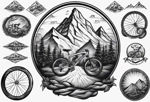 road cycle front wheel drawn as a gym plate with a mountain in the middle tattoo idea