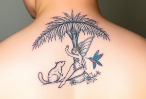 A blonde fairy sitting under a palm tree with a squirrel, 
a blue butterfly, and a  hummingbird drinking from a flower. tattoo idea