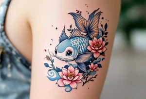 Catfish with Floral Elements – A gentle catfish with light blue-gray skin, surrounded by lotus flowers and soft pastel water waves, blending naturalistic and ornamental styles. tattoo idea