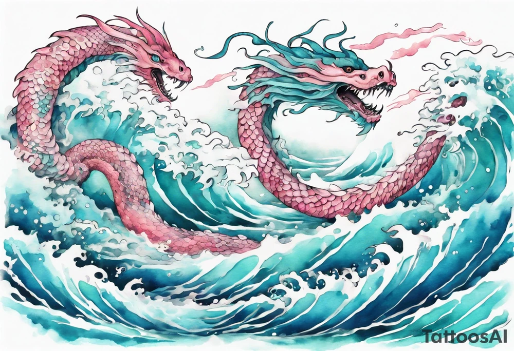 a turquoise and white and pink pretty sea serpent rising from the blue waves of the ocean tattoo idea