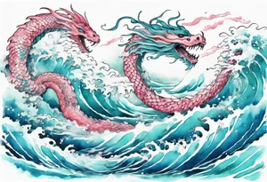 a turquoise and white and pink pretty sea serpent rising from the blue waves of the ocean tattoo idea