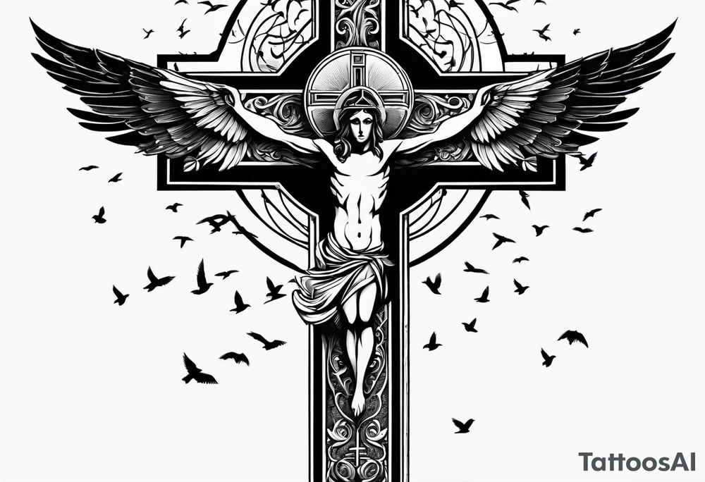 cross, god, birds tattoo idea